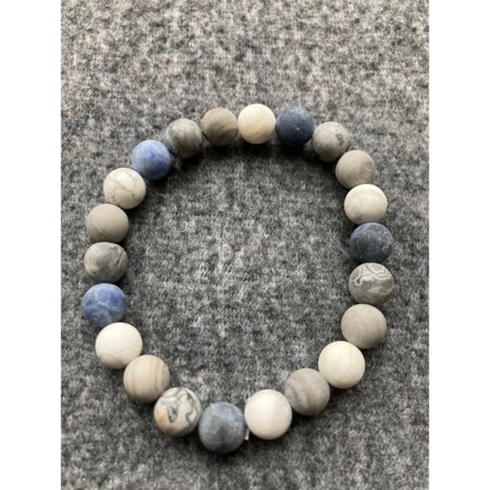 Matte Stone Beaded Stretch Bracelet Gray Blue White‎ Earth Tones